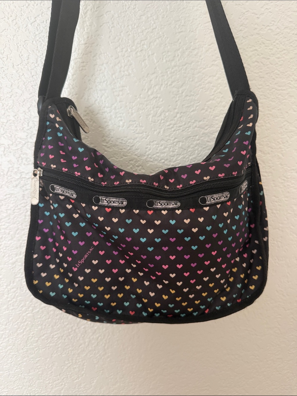 LeSportsac Black Classic Hobo Multicolor Heart Print crossbody bag